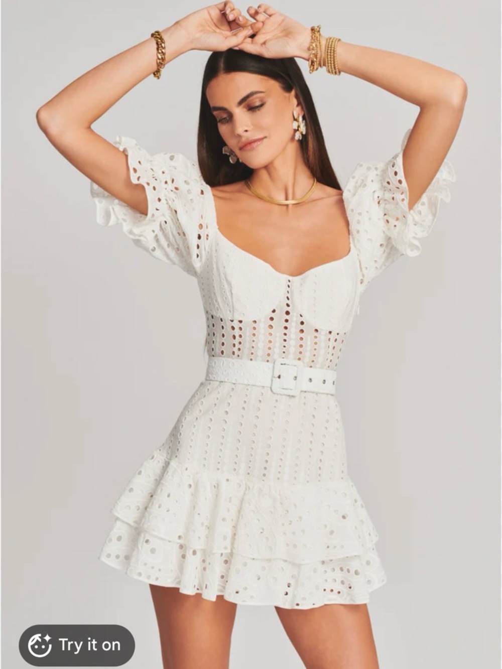 Charo Ruiz Ibiza White Eyelet Puff-Sleeve Mini Dress
